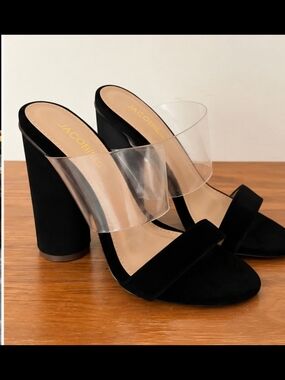 Jacobie Black Suede Block Heel Sandals with Clear Strap